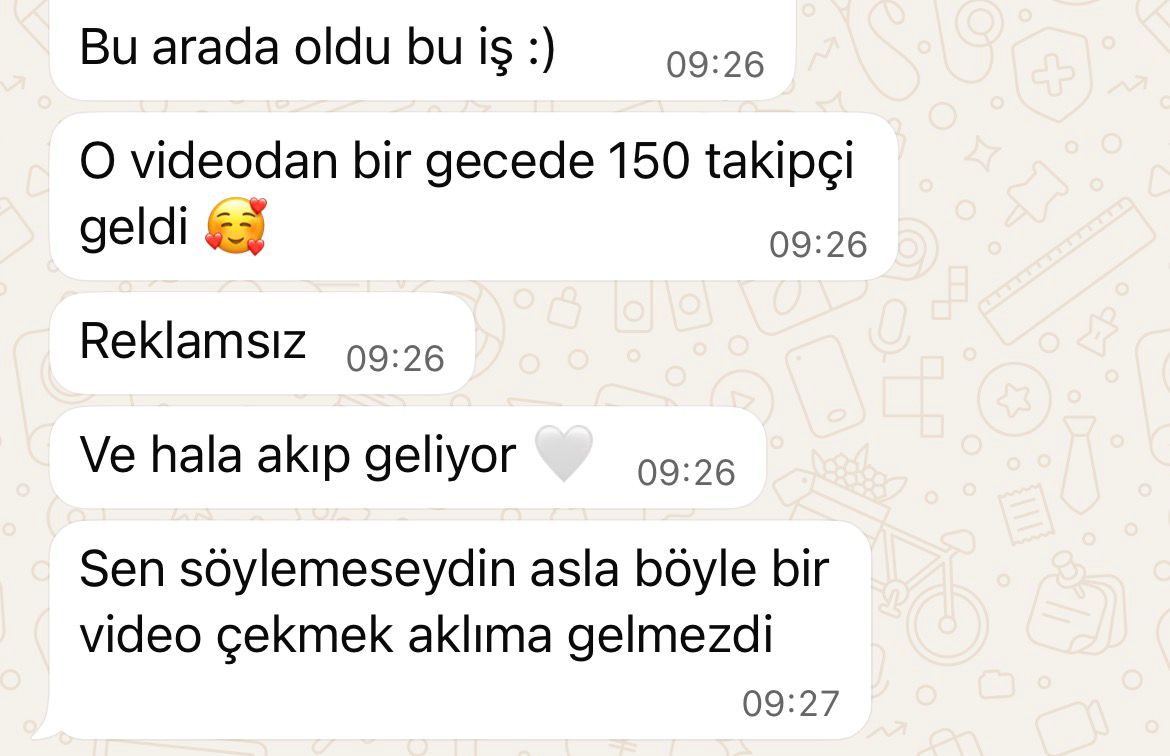 "Bu arada oldu bu iş :) O videodan bir gecede 150 takipçi geldi 🥰 Reklamsız. Ve hala akıp geliyor."
